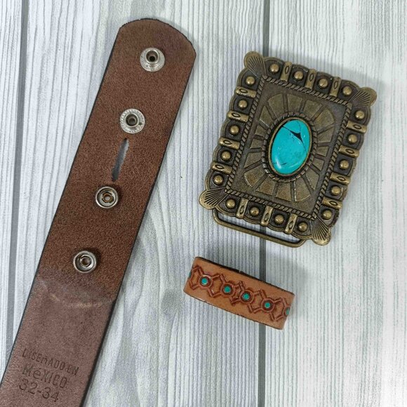 Turquoise Tooled Leather Western Belt: Floral Scrollwork, Antique Brass Buckle - Picture 9 of 12